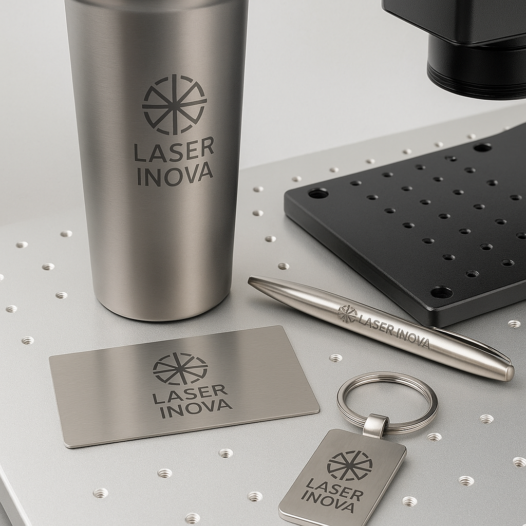 Ejemplo de grabado láser en acero inoxidable con logo personalizado